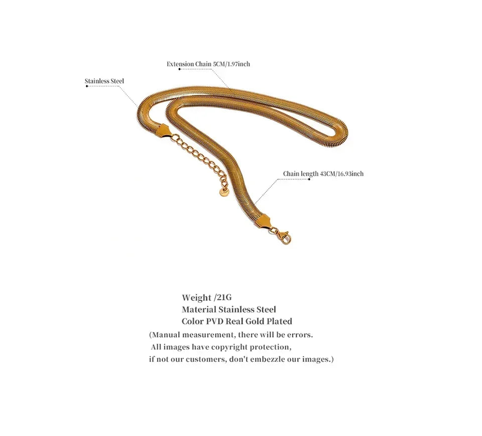 Gold-plated stainless steel chain necklace with lobster clasp, 43cm length and 5cm extension.