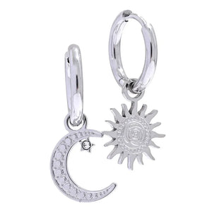 Sterling silver hoop earrings with sun and crescent moon charms, white background
