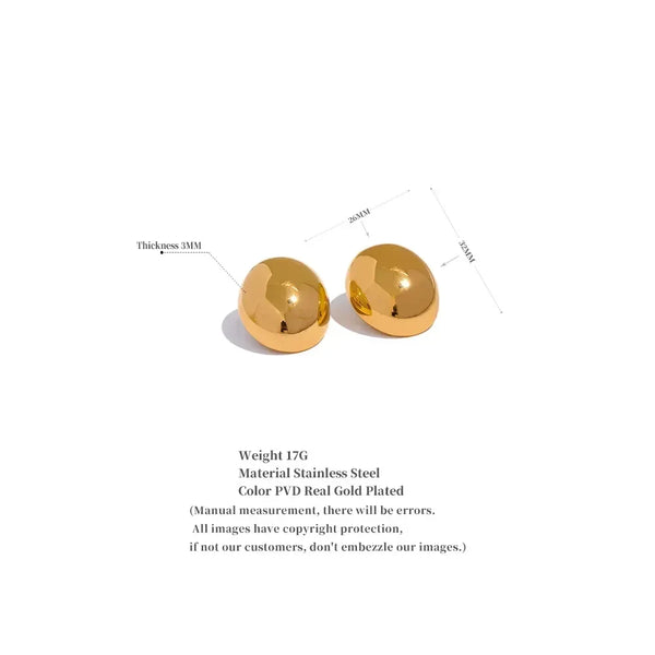 Pair of round gold-plated stainless steel beads, 26mm by 32mm, on white background.