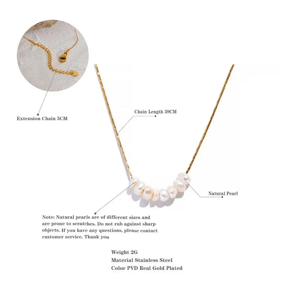 Gold-plated stainless steel necklace with natural pearl beads, 39cm chain and 5cm extender.