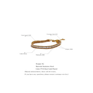 Gold plated stainless steel bracelet with cubic zirconia, 15cm chain, 4mm thick, 7mm wide.
