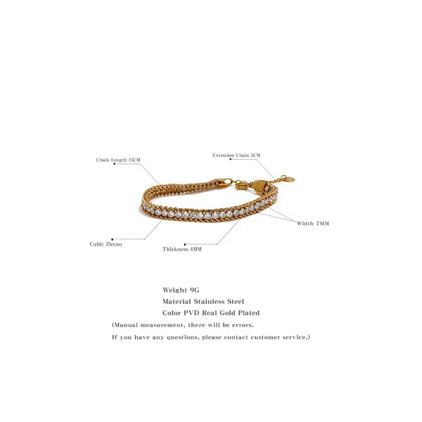 Gold plated stainless steel bracelet with cubic zirconia, 15cm chain, 4mm thick, 7mm wide.