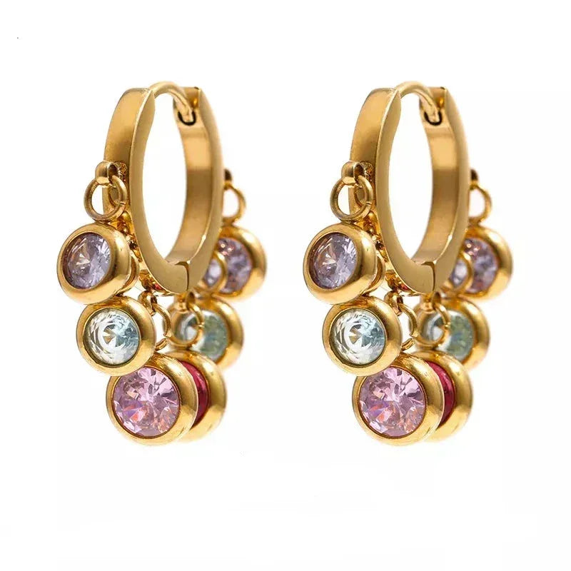 Gold hoop earrings with multicolored gemstone charms, 18K gold-plated jewelry for women