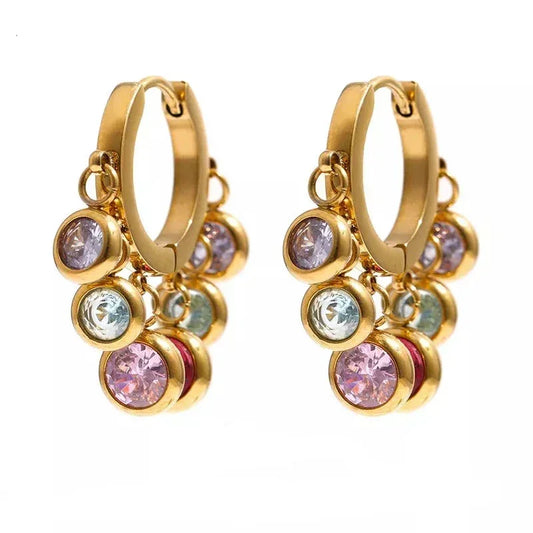 Gold hoop earrings with multicolored gemstone charms, 18K gold-plated jewelry for women