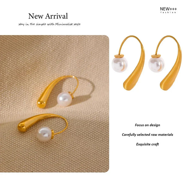 Gold earrings with pearls on a beige background, labeled as a new arrival from New Fashion.