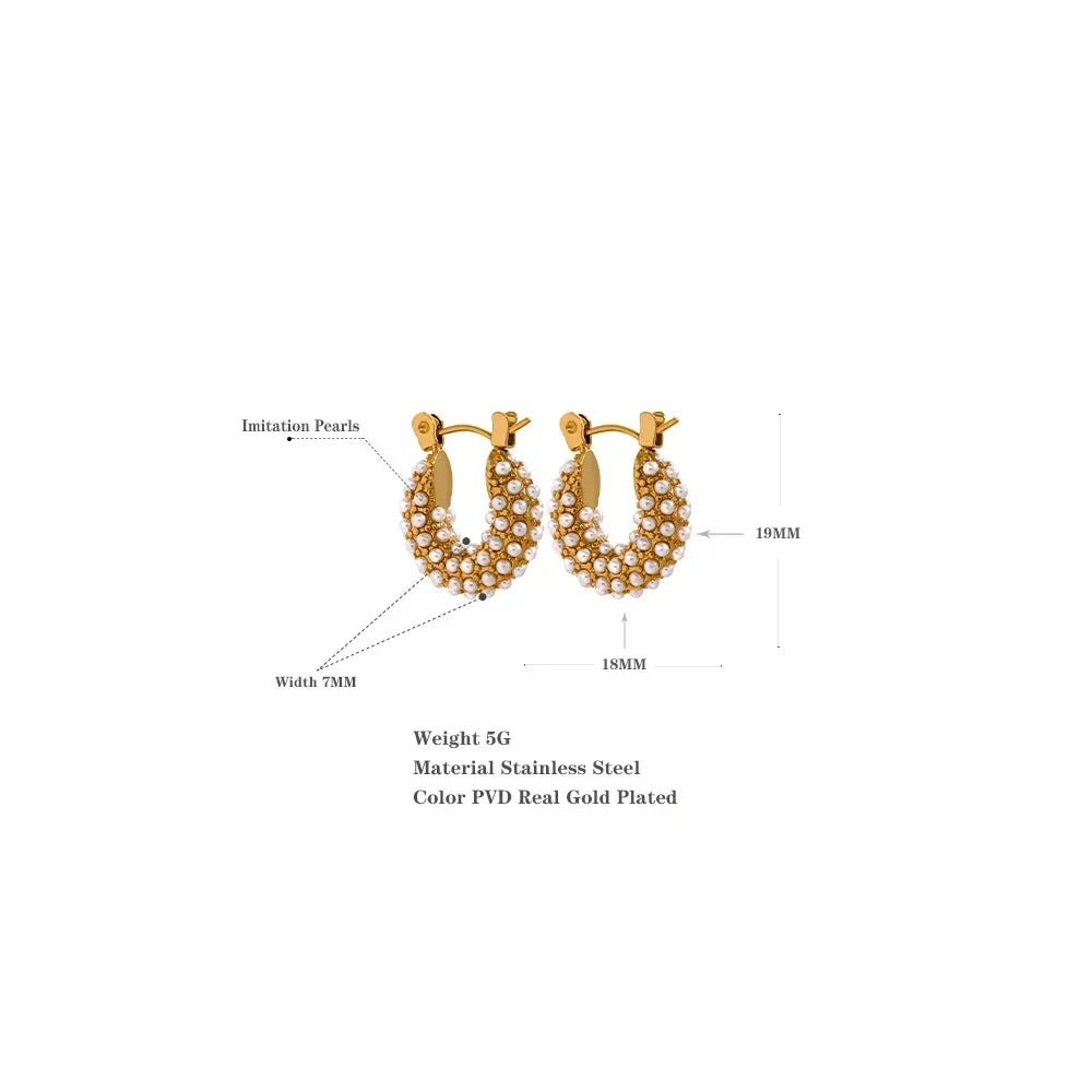 Gold-plated hoop earrings with imitation pearls, stainless steel, detailed size guide.