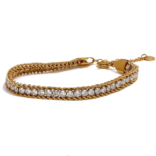 18K gold-plated bracelet with double chains and clear cubic zirconia stones