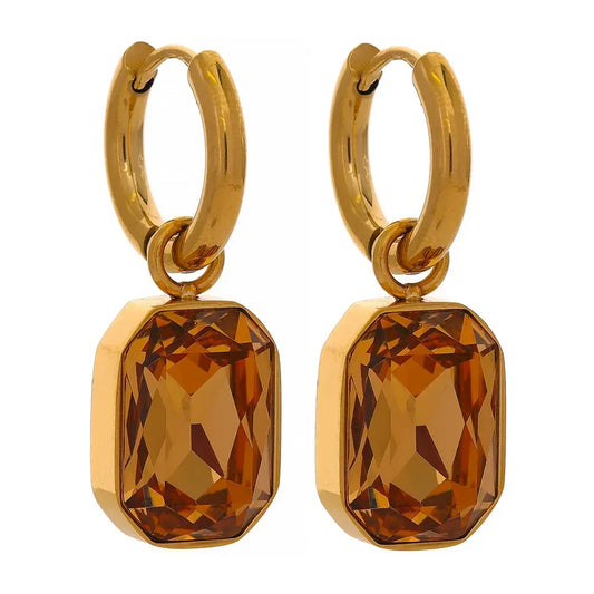 Gold-plated hoop earrings with rectangular amber gemstone drops, elegant women's jewelry.