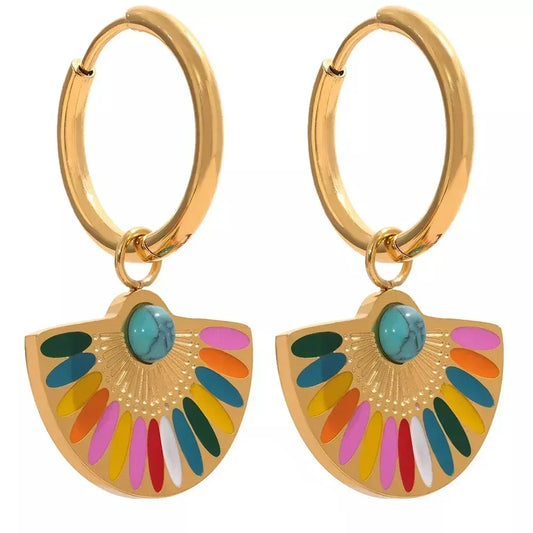 Gold-plated hoop earrings with colorful enamel fan pendants and turquoise center stone