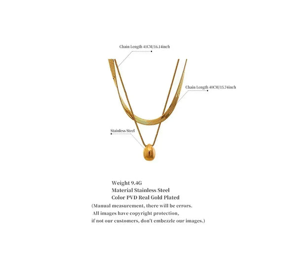 Gold-plated stainless steel layered necklace with oval pendant, chain lengths 41cm and 40cm.