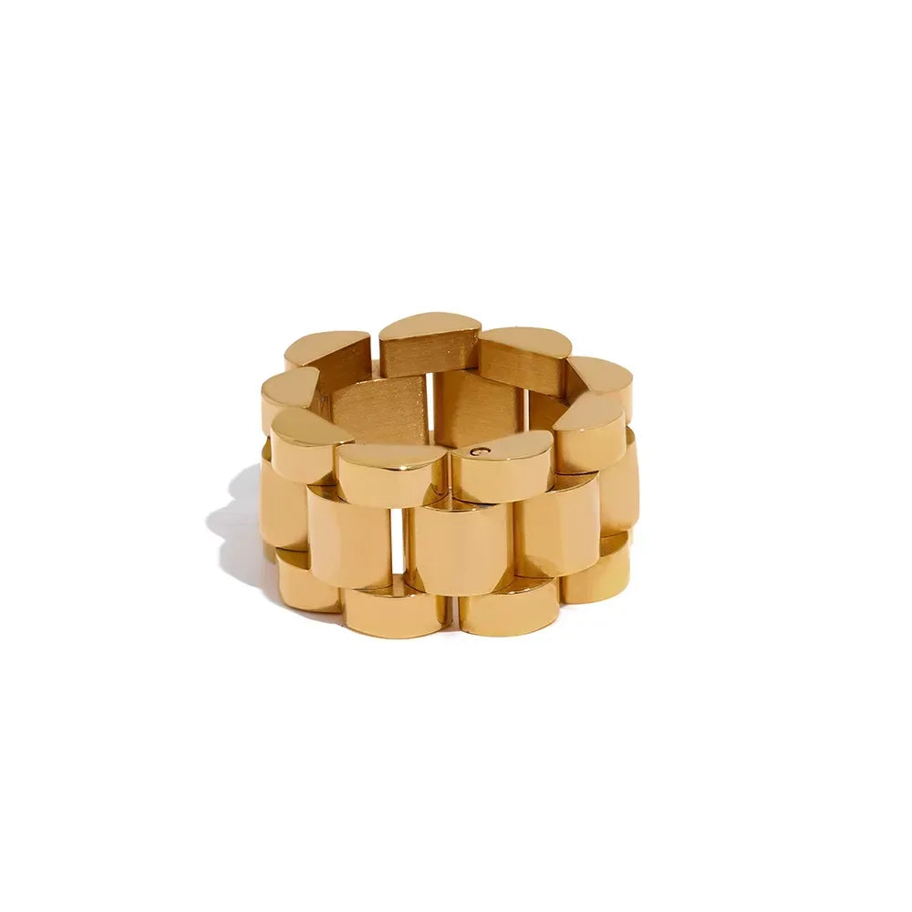 Bold 18K gold-plated chunky link ring for women on a white background