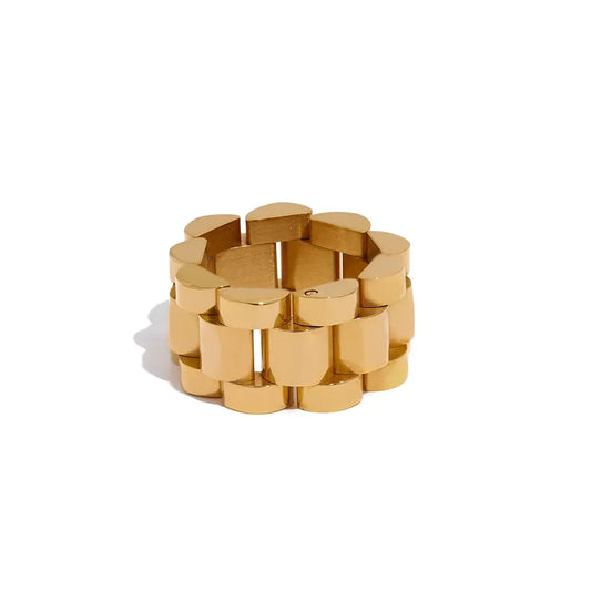 Bold 18K gold-plated chunky link ring for women on a white background