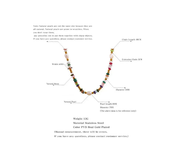 Colorful beaded necklace with measurement details on a white background-Nouveau Bohème Necklace - TM & CO. JEWELS 