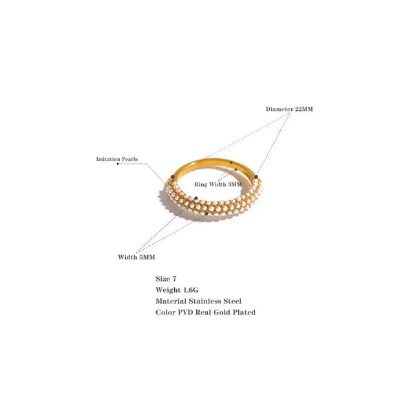 Gold-plated stainless steel ring with imitation pearls, size 7, 22mm diameter, 5mm width.