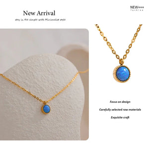 Gold necklaces with blue stones on a white background, labeled 'New Arrival' and 'NEW++ Fashion'.