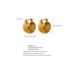 Pair of small gold-plated stainless steel hoop earrings with measurements and weight details.