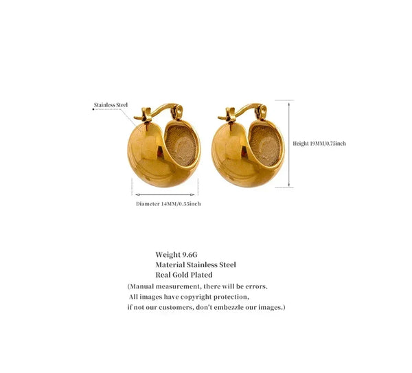 Pair of small gold-plated stainless steel hoop earrings with measurements and weight details.