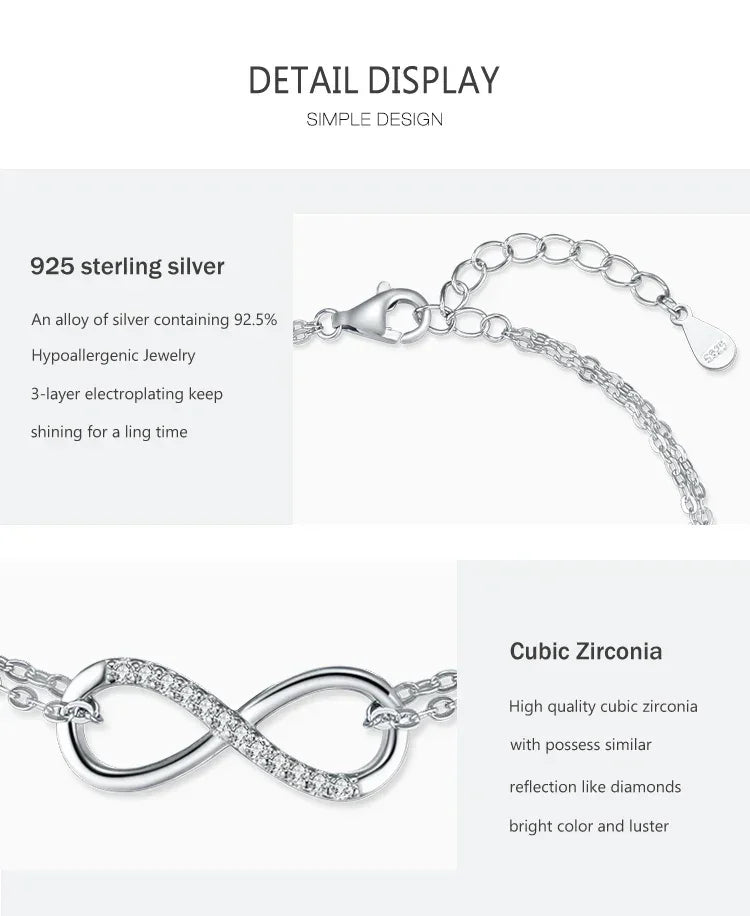 925 sterling silver infinity necklace with cubic zirconia and adjustable chain clasp