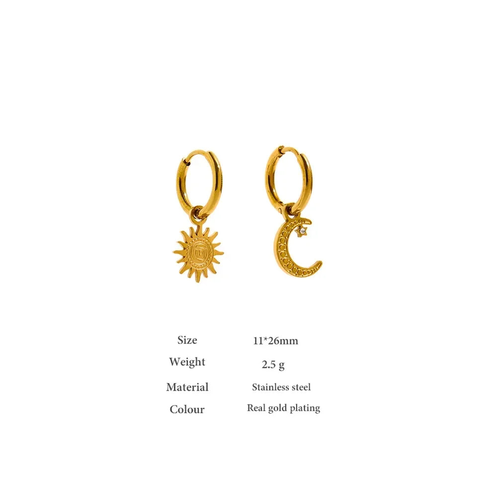 Gold-plated stainless steel hoop earrings with sun and moon charms, minimalist jewelry