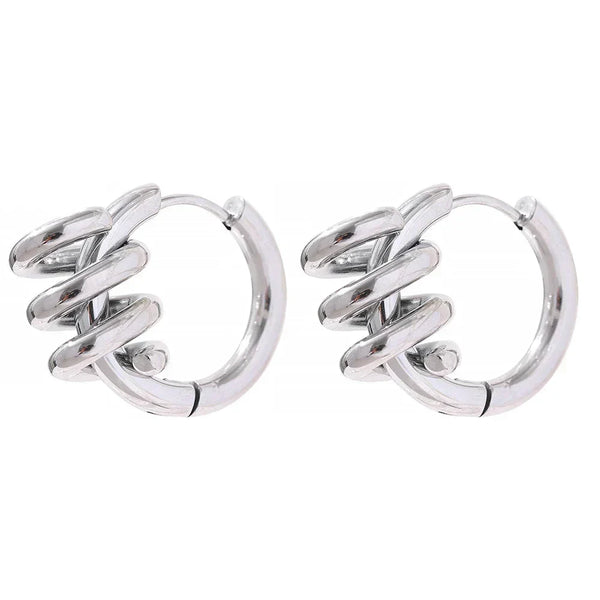 Pair of silver hoop earrings on a white background