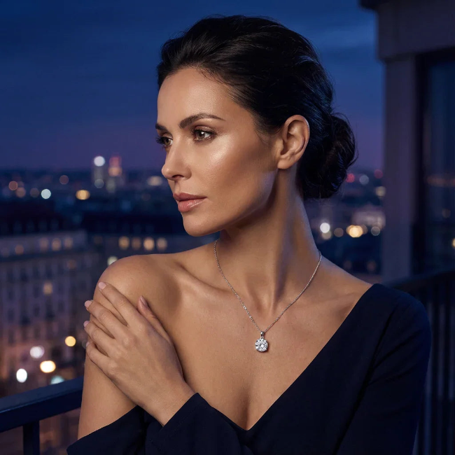 Woman wearing a necklace with a cityscape in the background