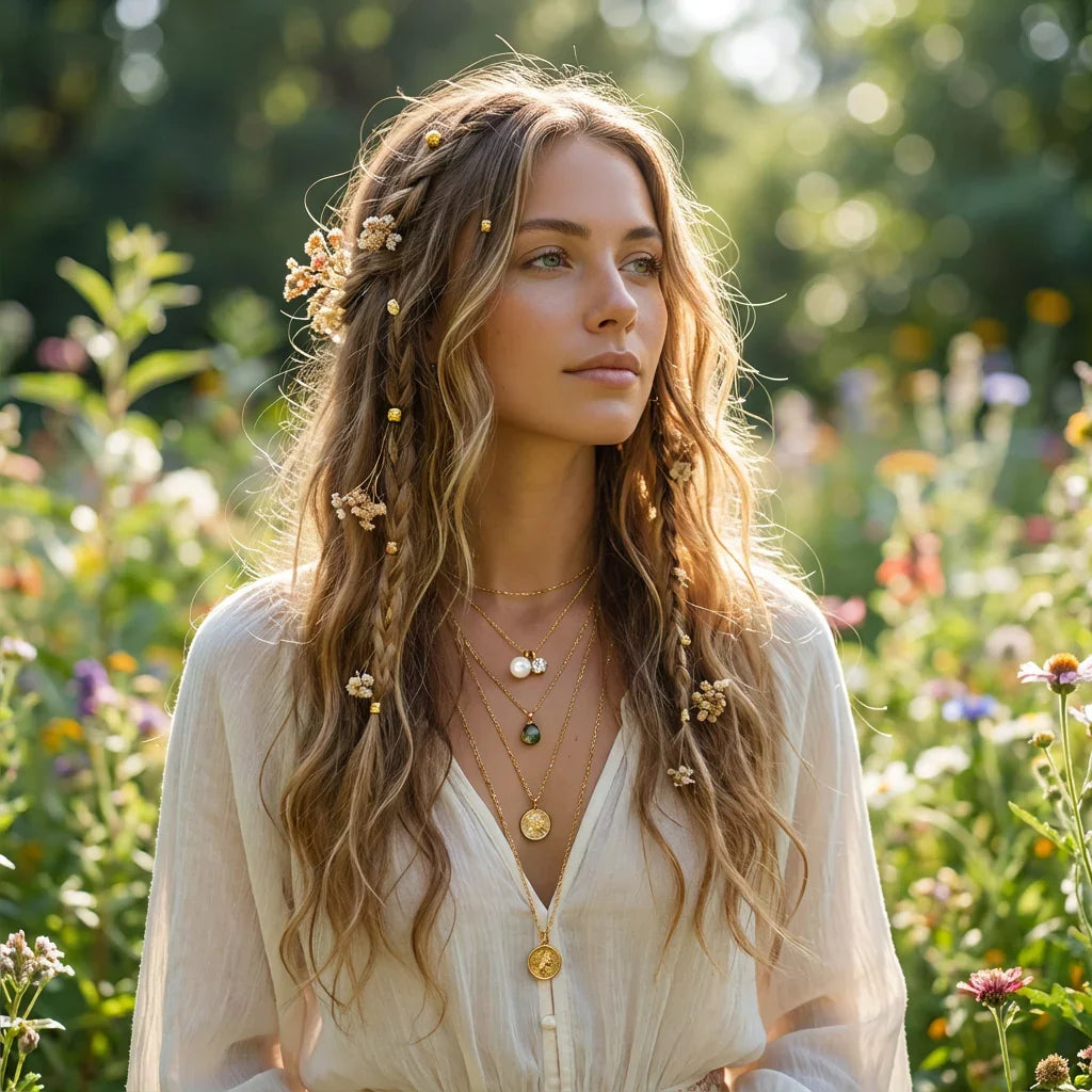 Woman with braided hair and floral decorations standing in a field of flowers