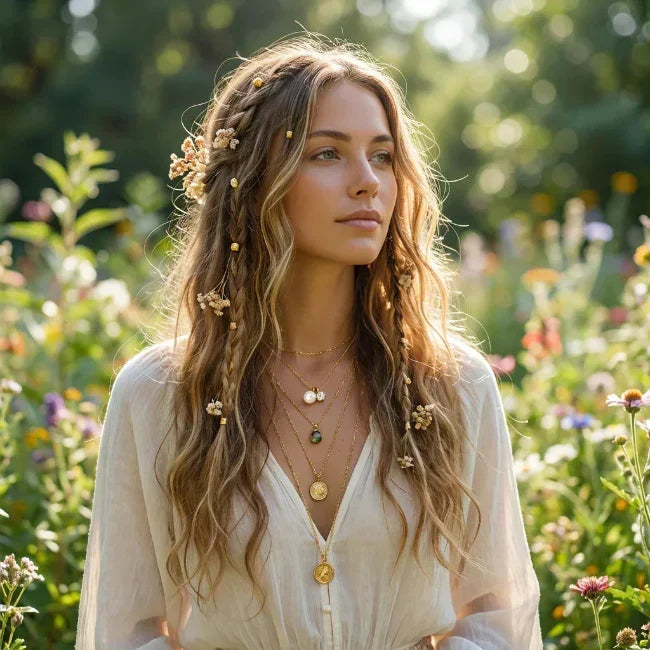 Woman with braided hair and floral accessories standing in a field of flowers