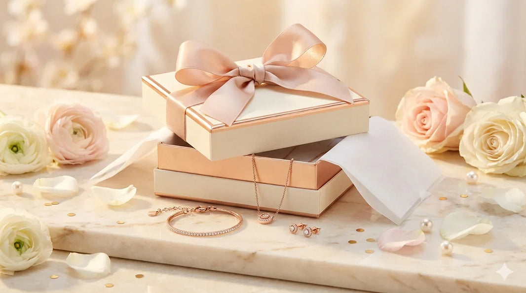 Rose gold jewelry box with a bow, bracelet, and necklace on a wooden surface with flowers.