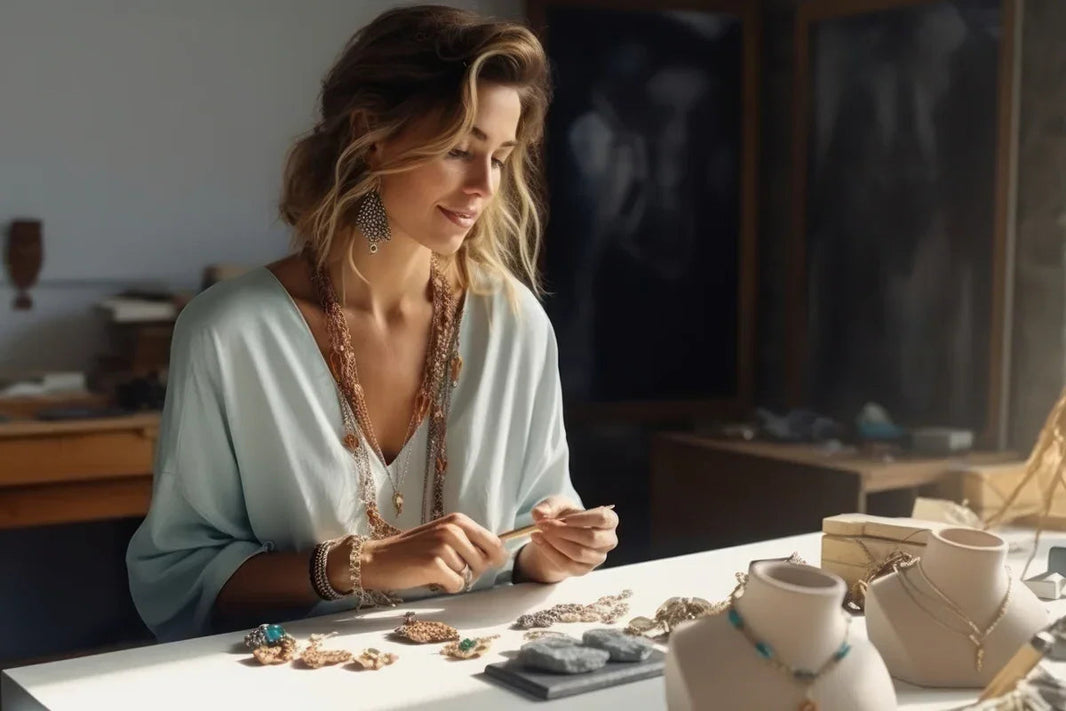 Woman examining jewelry in a workshop setting