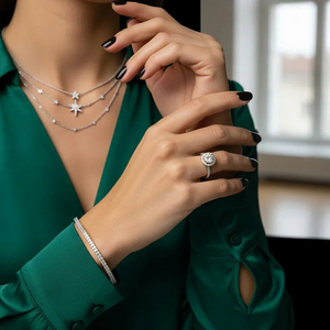Close-up of a person wearing a diamond ring, star-shaped necklace, and bracelet on a blurred indoor background.