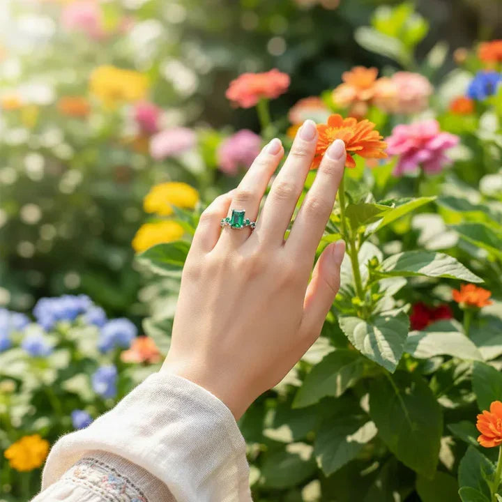 Hand with a green ring touching an orange flower against a colorful floral background