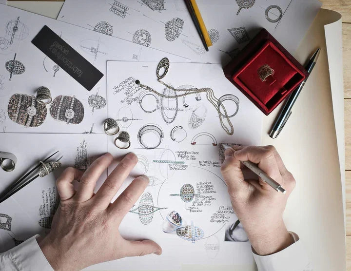 An artist sketching quality-crafted jewelry designs for the TM & Co. Jewels collection, highlighting the intricate creative process.