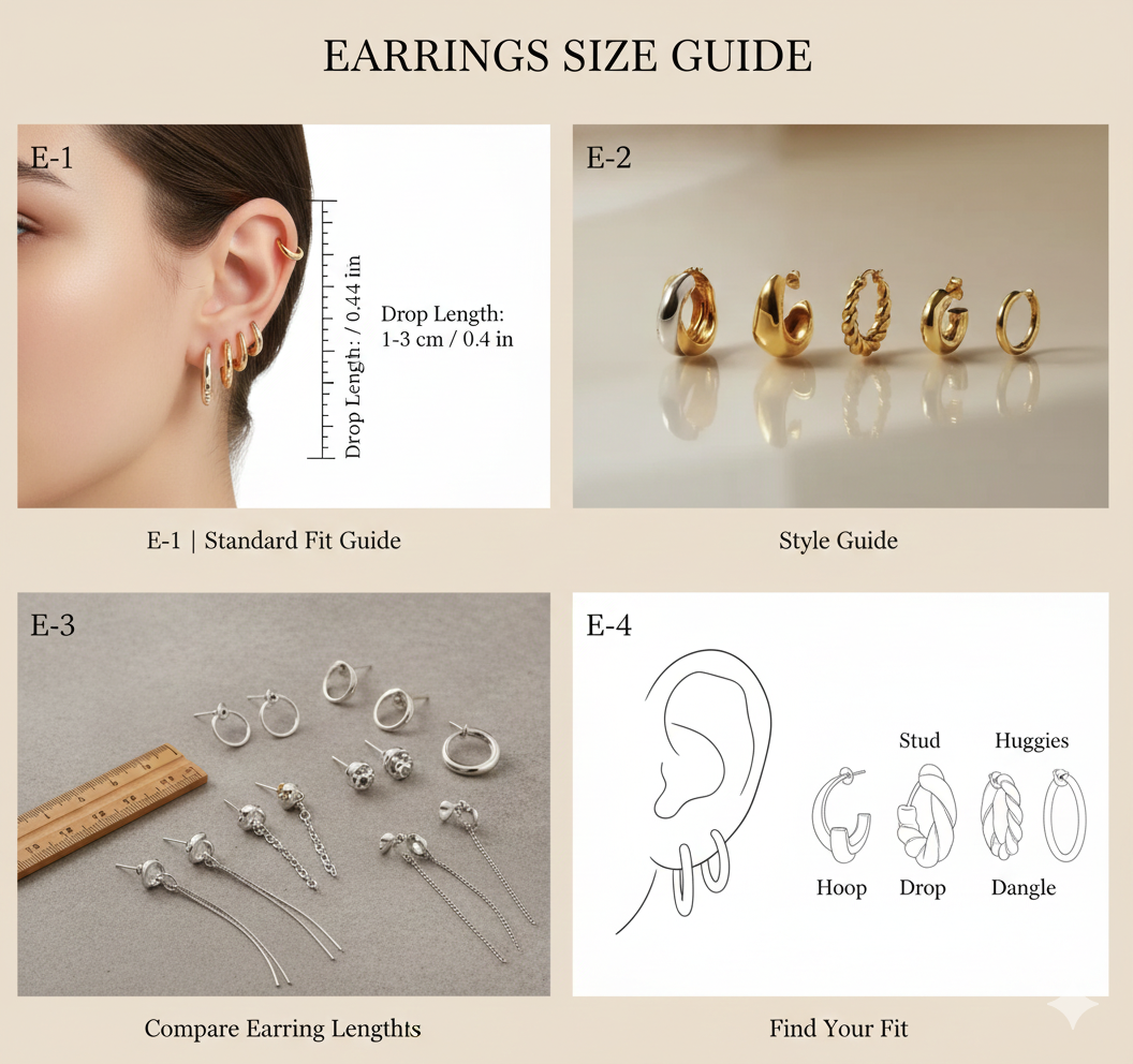 A comprehensive earring size and style guide by TM & Co. Jewels, featuring drop length measurements, style comparisons for hoops and studs, and a visual fit guide for quality-crafted earrings.