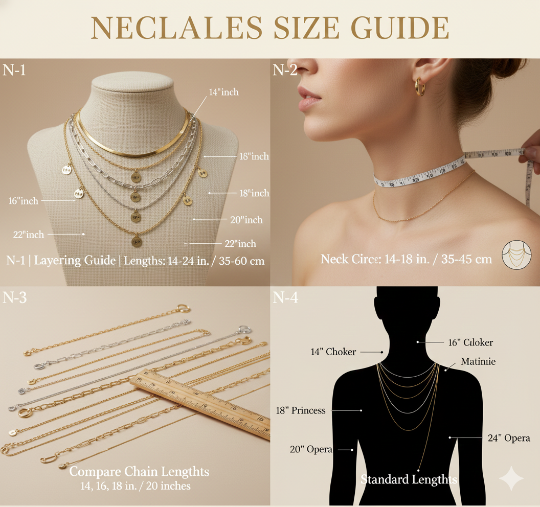A detailed necklace sizing guide by TM & Co. Jewels, showcasing various premium chain lengths, a neck circumference measurement demonstration, and standard length names for a perfect fit.