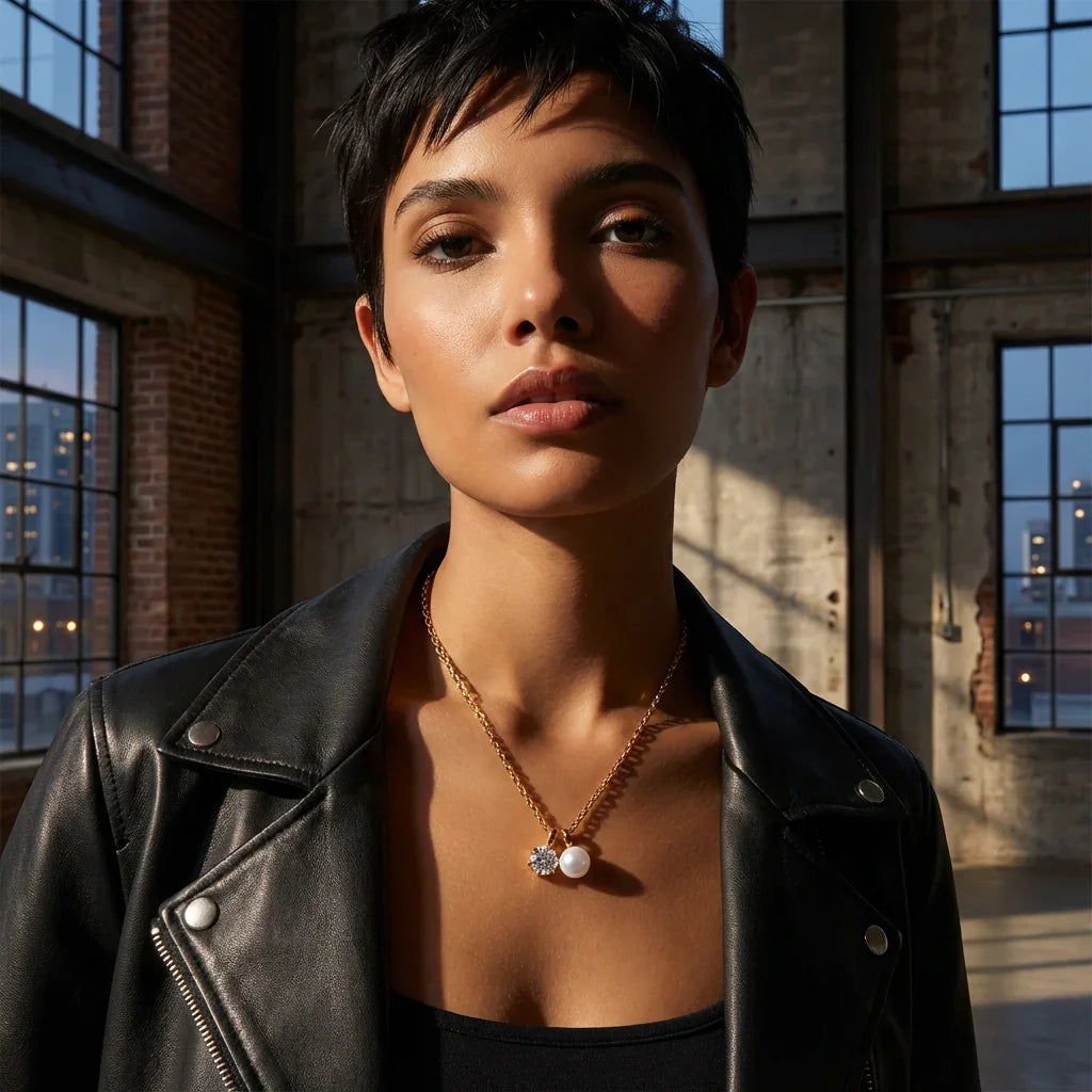 Woman wearing a black leather jacket and gold necklace in an industrial setting